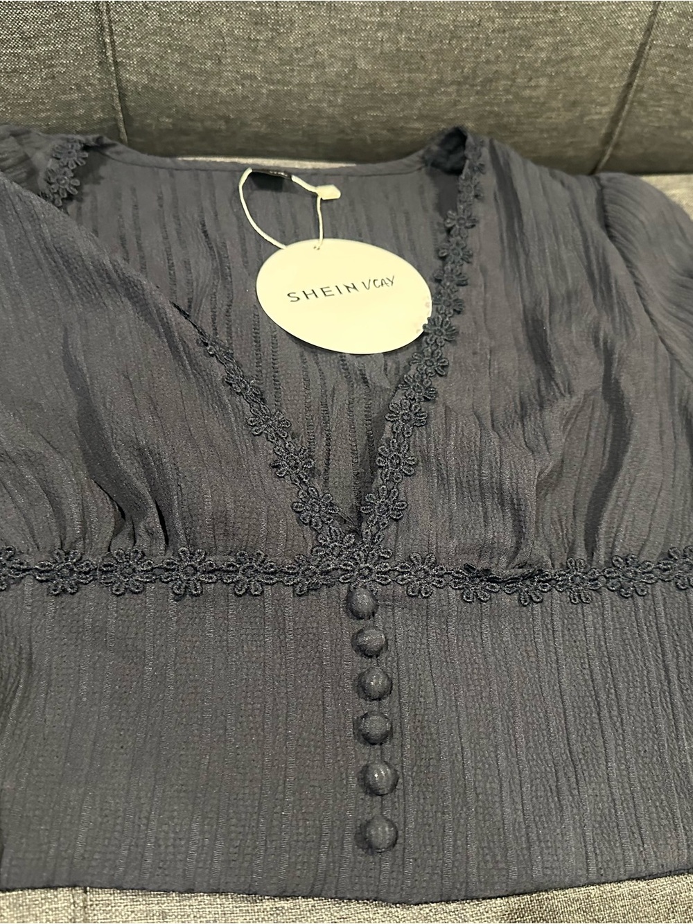 NWT SHEIN Dark Blue Floral Lace-Trim Buttoned Blouse